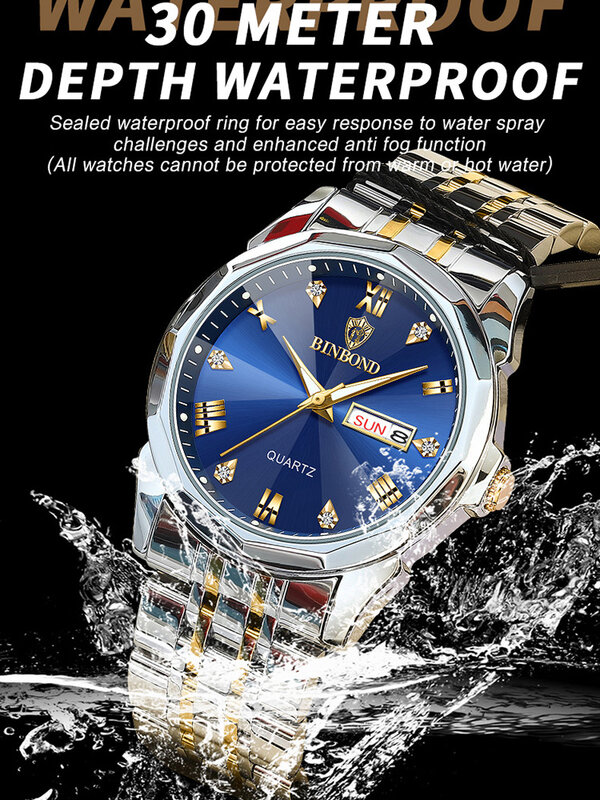 Luxury Blue Men's Watches 2023 New Top Brand Gold Stainless Steel Waterproof Luminous Date Week Business Wristwatch Reloj Hombre