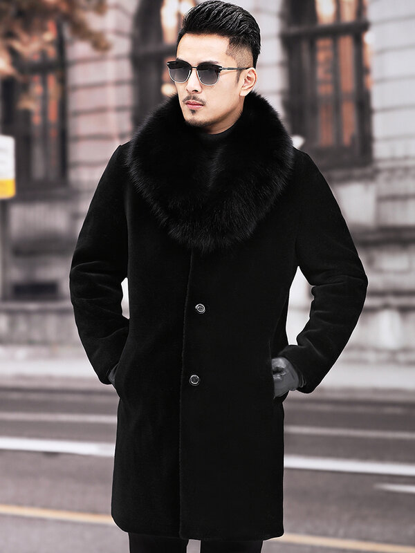 2023 Männer Winter neue lange dicke warme Jacken männlich flauschige echte Pelz mäntel Männer echte Fuchs Pelz kragen einreihige Oberbekleidung p476