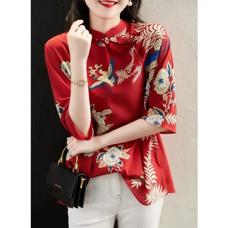 Verão solto retro superior fivela gola estilo chinês cheongsam camisa para mulheres casual hanfu blusas festa vintage camiseta