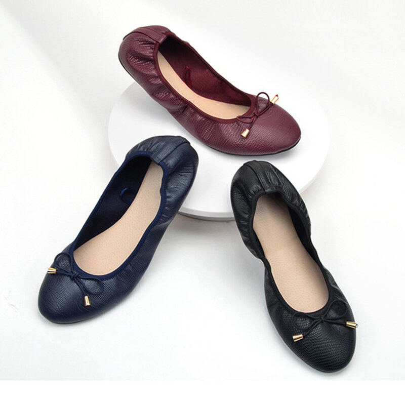 Women Egg Roll Shoes Soft Bottom Ballet Flat Pregnant Woman Casual PU Leather Bowknot Designer Shoes Curved Boat Flats Loafers