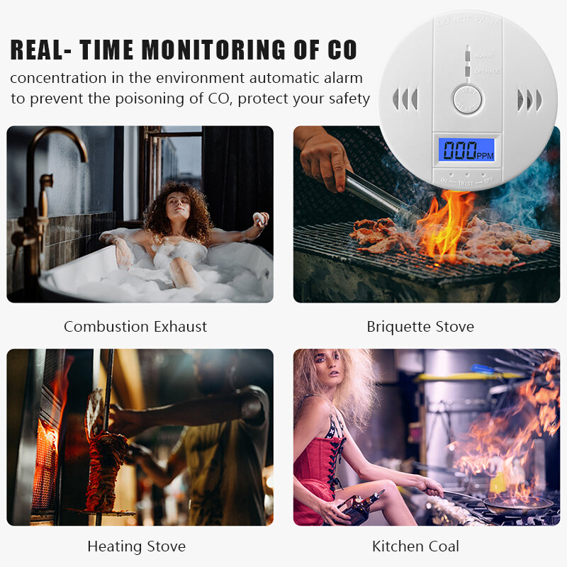 Alarma de Detector de monóxido de carbono, Sensor fotoeléctrico, advertencia de sonido de 85dB, pantalla Digital LCD, sirena de intoxicación por CO para interior del hogar, nuevo