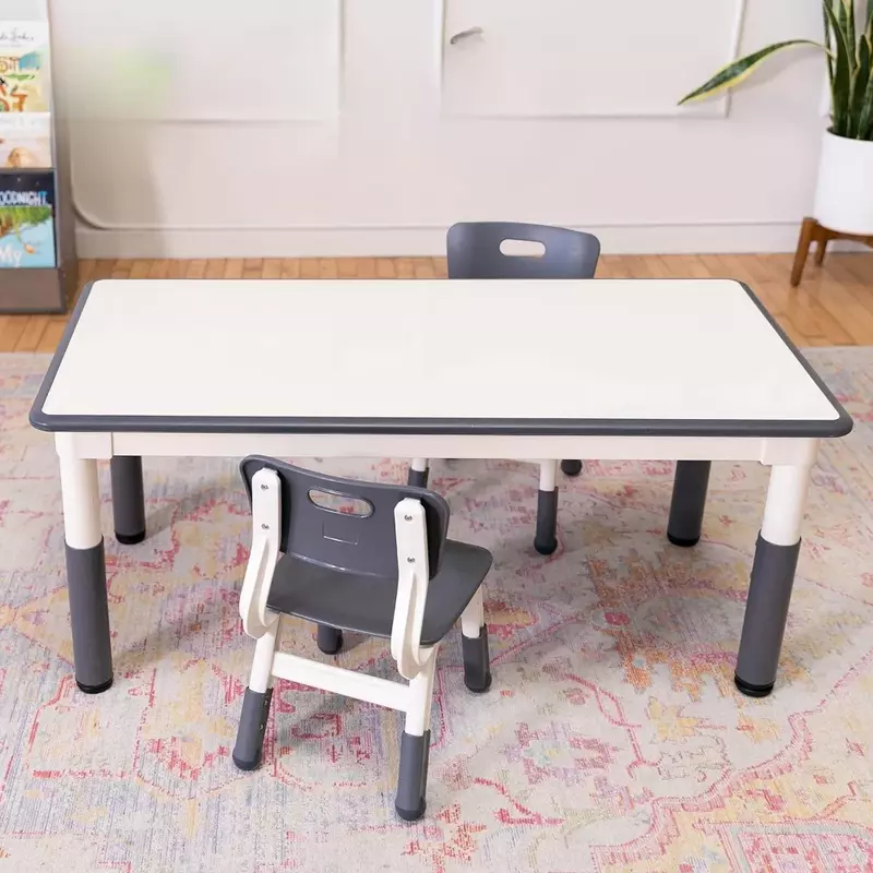 長方形のアクティビティテーブル,ドライワイプ,2つの椅子,子供用の調整可能な家具,グレー