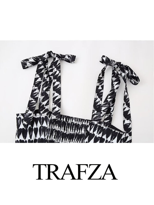 TRAFZA Women 2 Piece Set Bow Lace Up Sexy Sleeveless Backless Short Tops+Elegant Print Side Zipper Drape Low Waist Long Skirt
