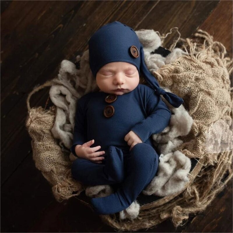 2個新生児写真の小道具かぎ針衣装ベビーロンパース帽子セット幼児写真撮影ビーニーキャップジャンプスーツボディスーツ