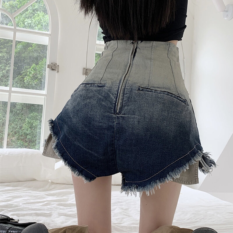 Mode Gradient Y2k Jeans Frauen Sommer neue Reiß verschluss zerlumpten Saum Wash Denim Shorts aus alten Stretch Hosen mit weitem Bein
