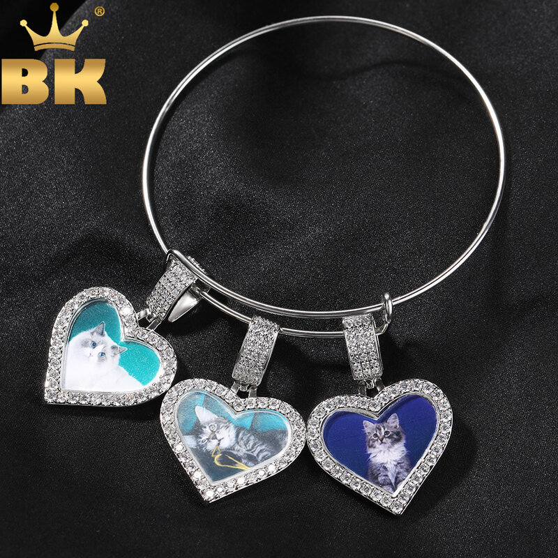 TBTK Stainless Steel Cuff Bangle DIY Heart Photo Pendant Memory Bracelet  Iced Out Cubic Zirconia Family Lover's Gift