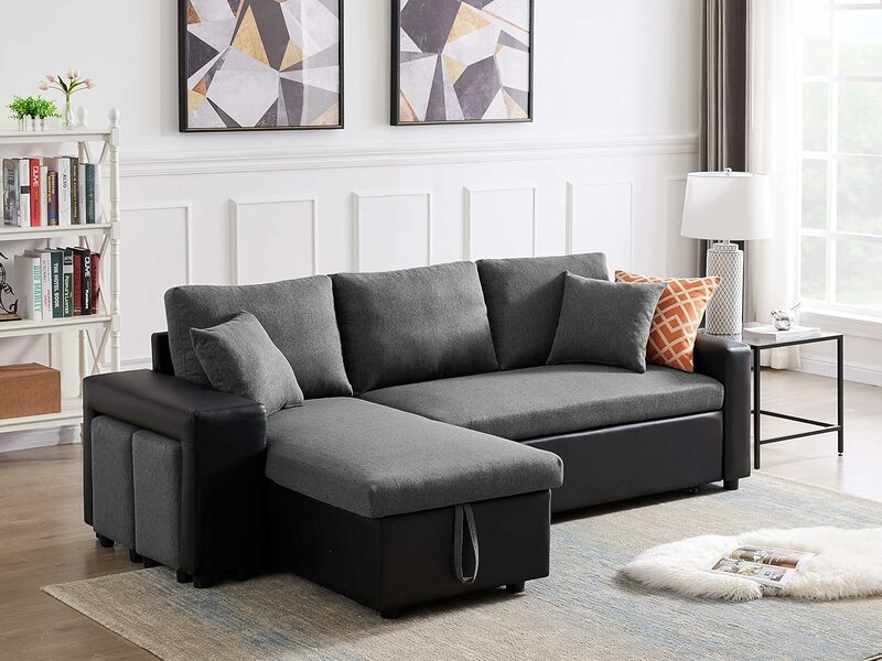 Linen Reversible Sectional Couch Pull Out Sleeper Sofa and Chaise with Storage and 2 Steel Sstools Patio Furniture Set