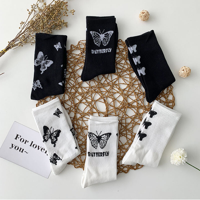 Women's mid-length stockings set, black and white butterfly pattern popular and versatile sweat-absorbent