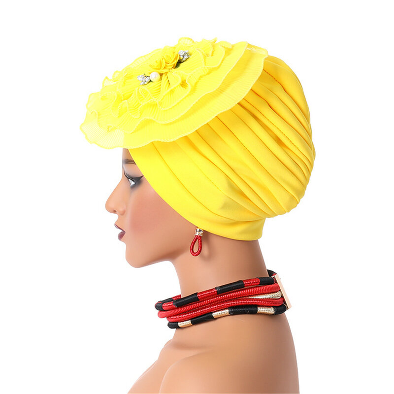 Turbante de flores con volantes para mujer, gorro Africano Femenino para envolver la cabeza, tocado de fiesta de boda de Nigeria, pañuelo musulmán para la cabeza