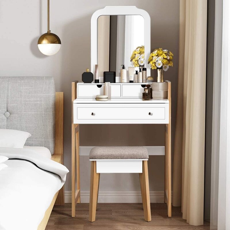Vanity Set com espelho grande e fezes almofadadas, mesa com 3 gavetas, ideal para apartamento pequeno lugar