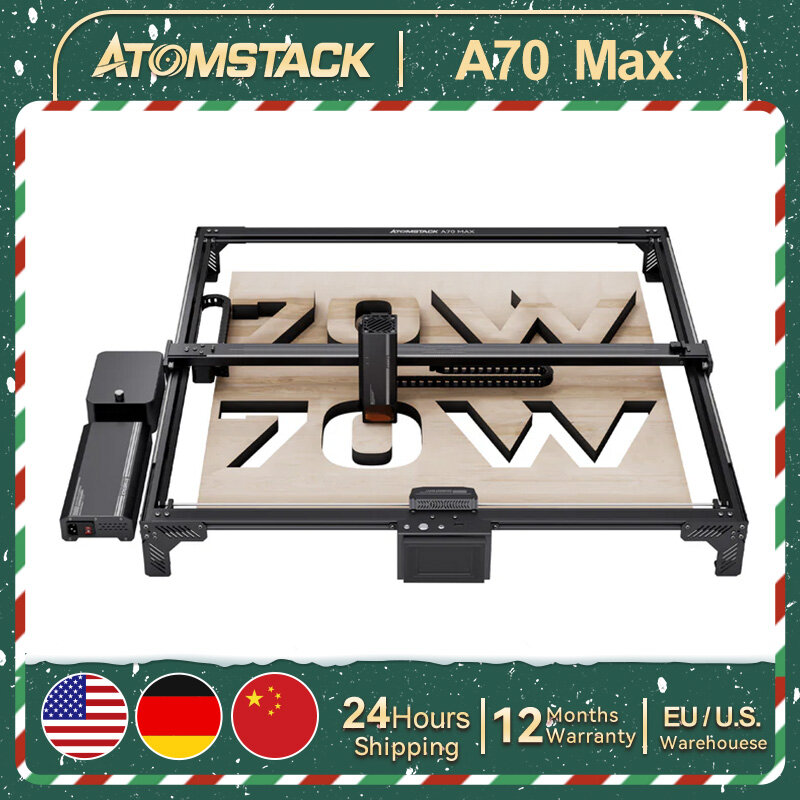 ماكينة النقش بالليزر على AtomStack ، وضع A70 Max ، مساعدة الهواء ، تبديل x ، خشب ، فولاذ مقاوم للصدأ ، 35 واط ، 70 واط