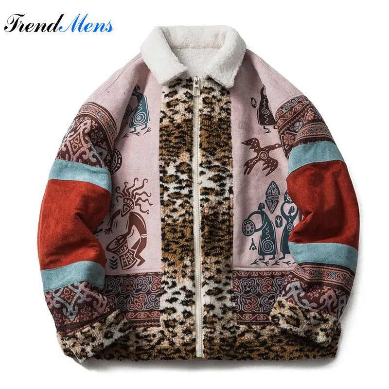 Casaco de algodão masculino com contraste fleece cordeiro, zíper no pescoço lapela, casual solto, casal moda rua, top hip hop, inverno