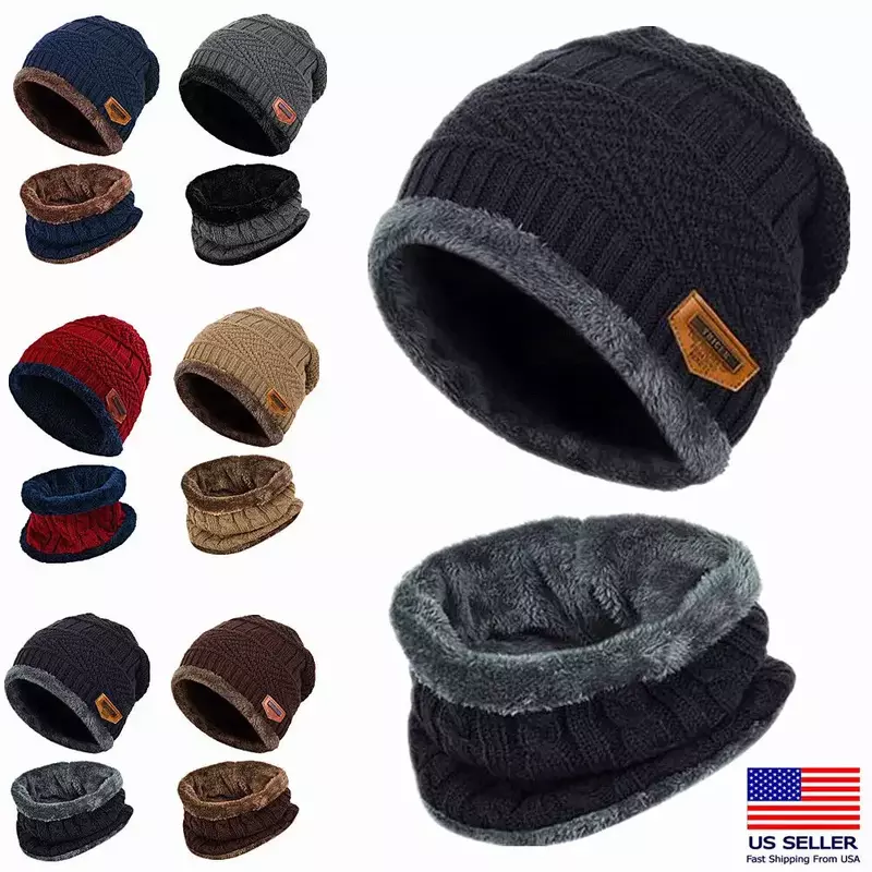 2023 Winter Men Women Thick Beanie Hat Set Knitted Hat Winter Cap Beanie Female Wool Neck Scarf Cap Balaclava Mask Bonnet Hats