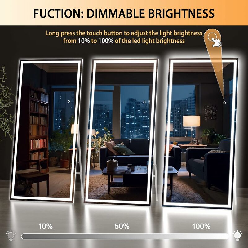 Comprimento total LED Espelho com Smart Touch Control, vidro temperado, iluminação ajustável, chão de pé, parede