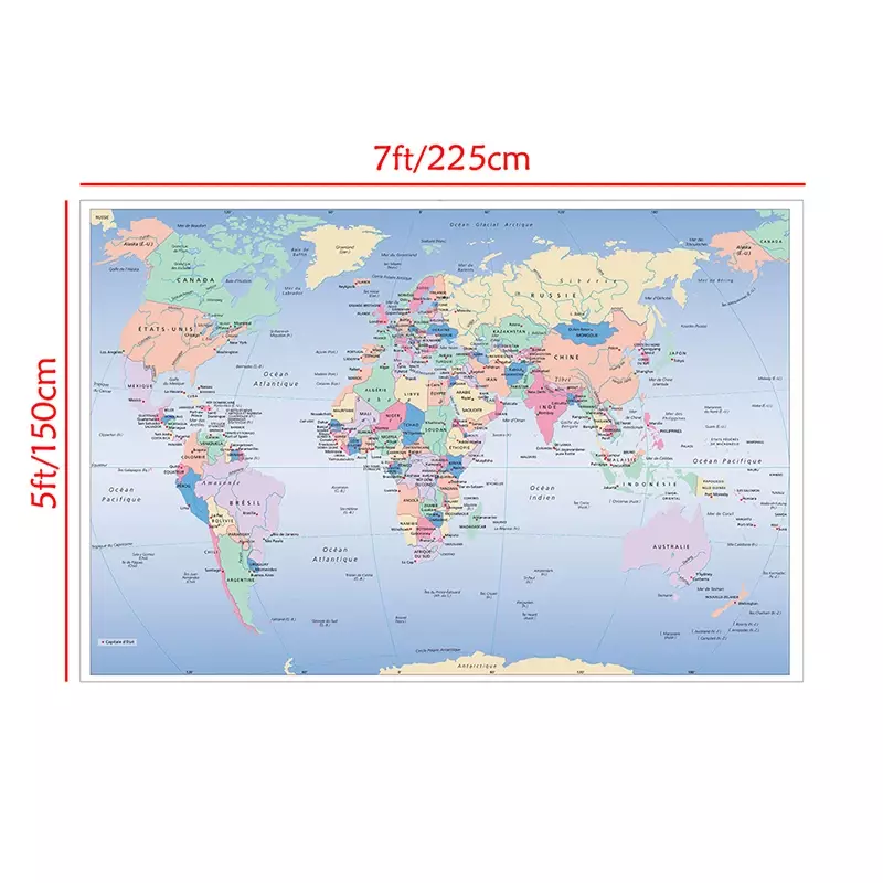 خريطة العالم في ملصق كبير فرنسي ، لوحة غير منسوجة ، ديكور حائط ، ديكور منزلي للأطفال ، مستلزمات مدرسية ، 225 × 150 سم