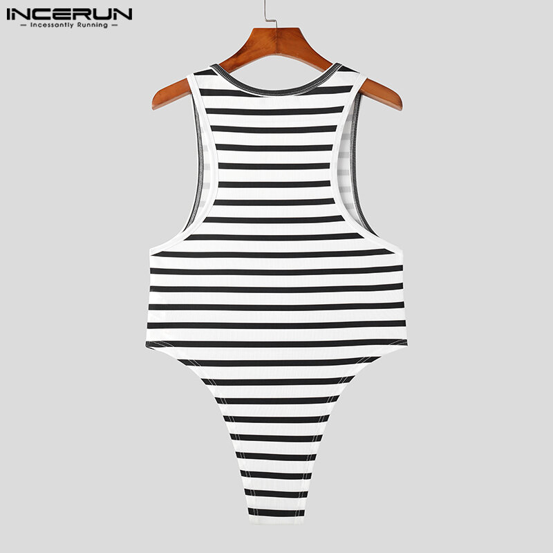 Incerun-Homens Horizontal Stripe Design Macacão sem mangas, Bodysuit estilo sexy, macacão elegante, venda quente, S-5XL, moda, 2023