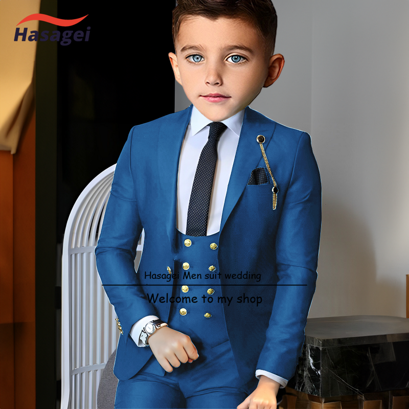 White Suit for Boys 2-16 years old Customized Suit Children's Wedding Tuxedo Gold Buttons 3-piece Set Jacket Vest Pant