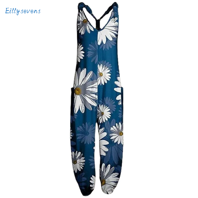 Plus Size Suspenders Jumpsuits For Women Summers Causal Loose Straight Wide Leg Rompers Trend Retro Flower Printed Overalls