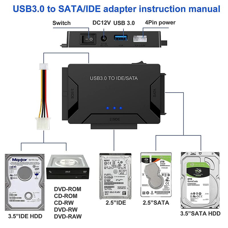 3.5 하드 디스크 어댑터 컨버터 케이블, USB 3.0-SATA IDE, 2.5 인치 HDD/SSD CD DVD ROM CD-RW, 3 in 1 IDE SATA 어댑터