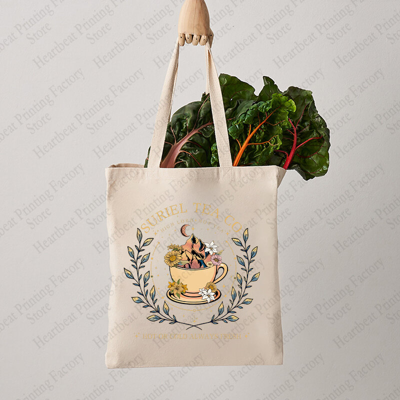 Suriel Tea Co Pattern Tote Bag Canvas Book Lover Shoulder Bag for Travel Daily Commute Women's Reusable Shopping Bag
