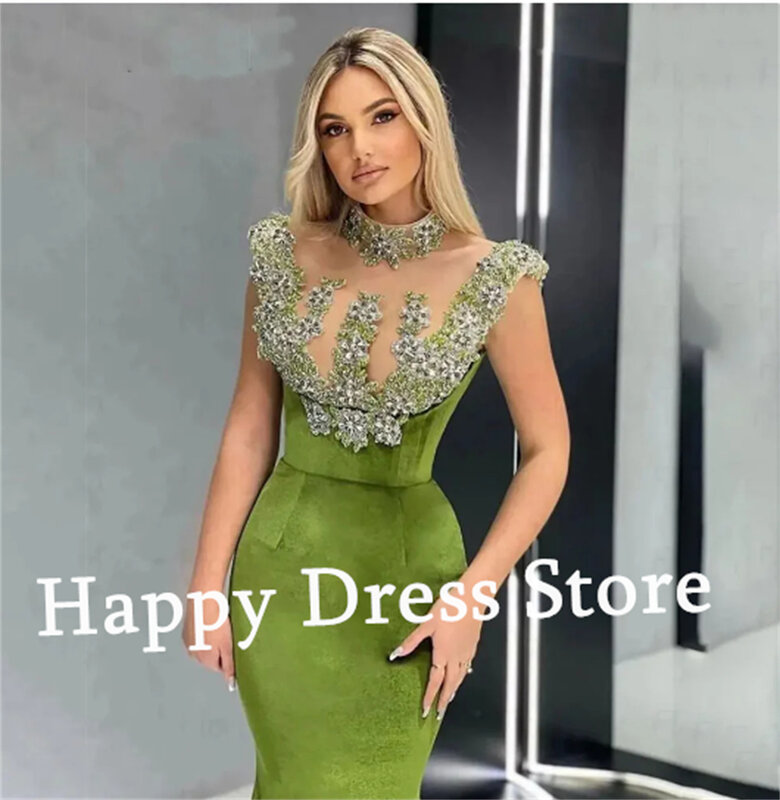 Szczęśliwa sukienka niestandardowa formalna suknia wieczorowa dla seniorów na szyję koraliki aplikacje z płaszczem syrenka welurowa damska nowy zielony suknia na bal maturalny