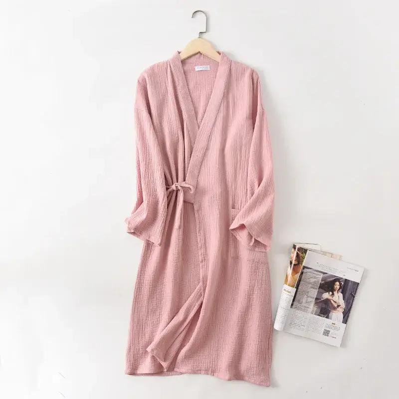 Банный халат из крепа и Марли для пар однотонный халат из 100% хлопка с длинными рукавами женская одежда для сна Пижамы пижама женская хлопок купить пижамы оптом