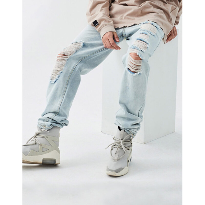 Celana Jeans Longgar Kasual Pria High Street Celana Denim Hip Hop Pria Gaya Korea Streetwear Lubang Lurus Harajuku