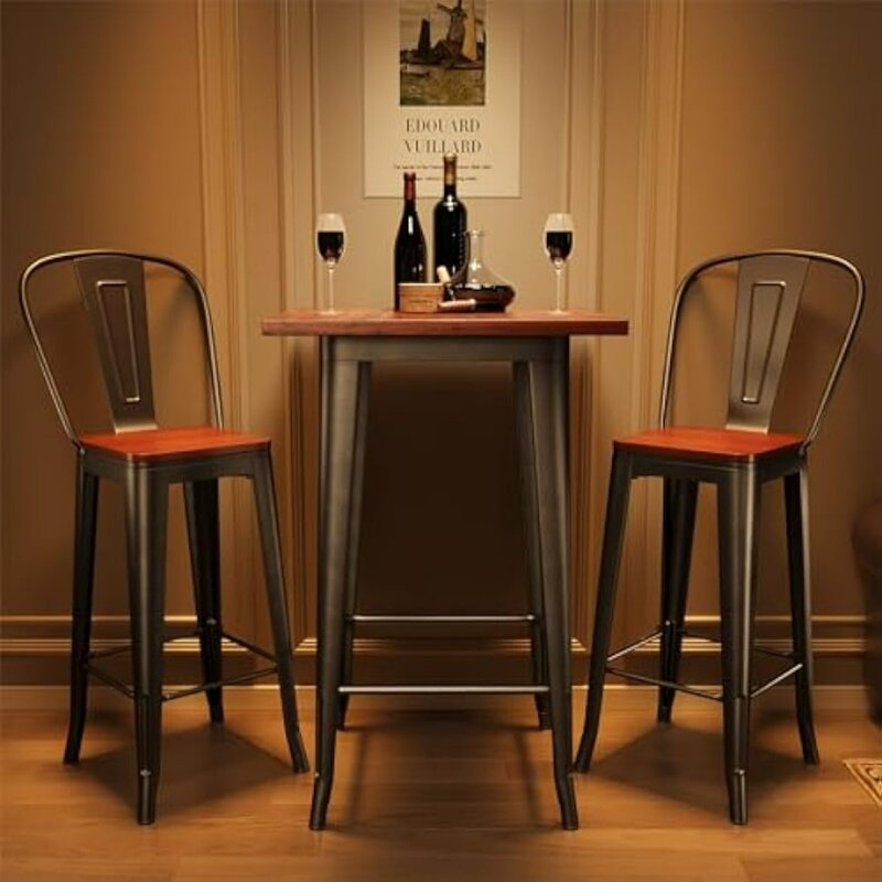 3 Piece Bar Table and Chairs Set for 2, Dining Table Set for 2, Pub Table and Chairs with Footrest and Foot Pads Pub Bar