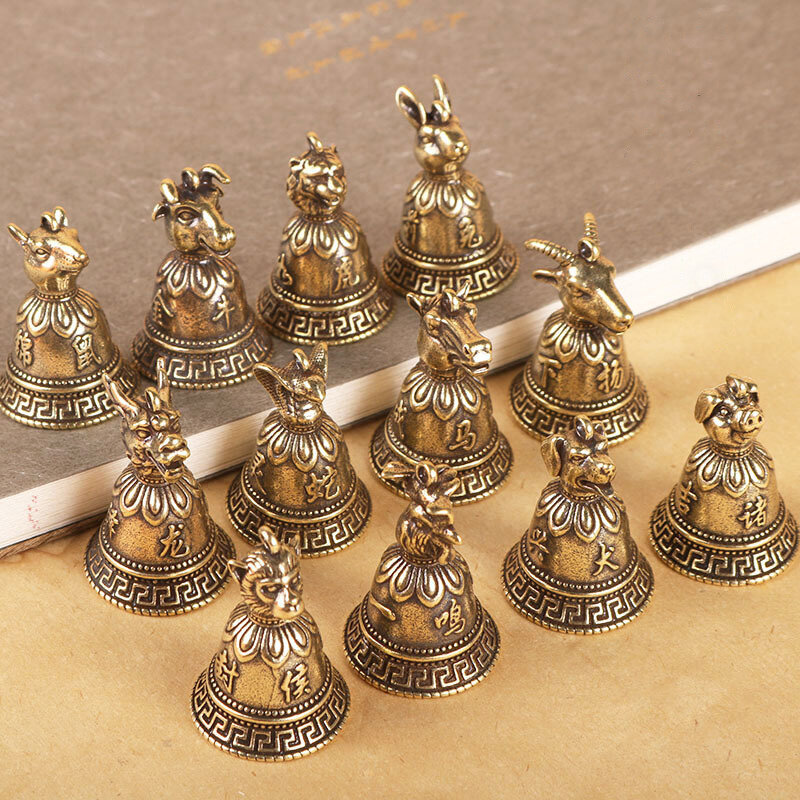 Latão chinês 12 animais do zodíaco cabeças sino chaveiro pingentes jóias de cobre do vintage feng shui chaveiro do carro pendurado presente