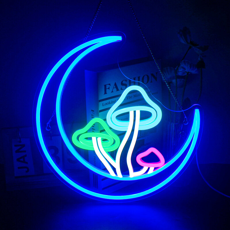 Letreros de neón con forma de Luna y Seta, luces LED de pared regulables para dormitorio, fiesta, hogar, bares, diseño creativo, lámpara de decoración de habitación