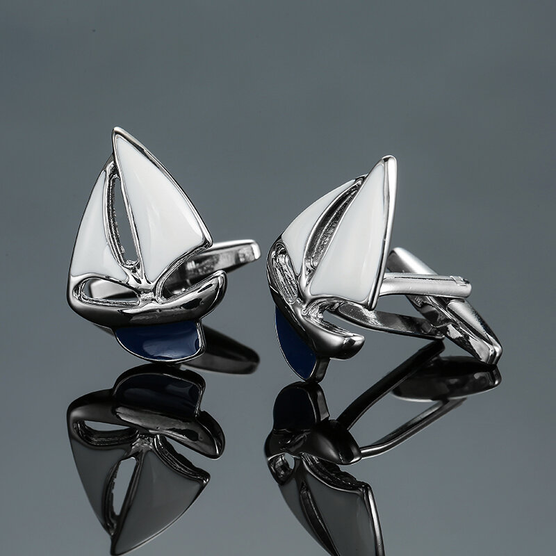 Gemelli per camicie francesi realizzati in materiale di rame bottoni di design per barche a vela con fondo blu per regali di gioielli da sposa da uomo