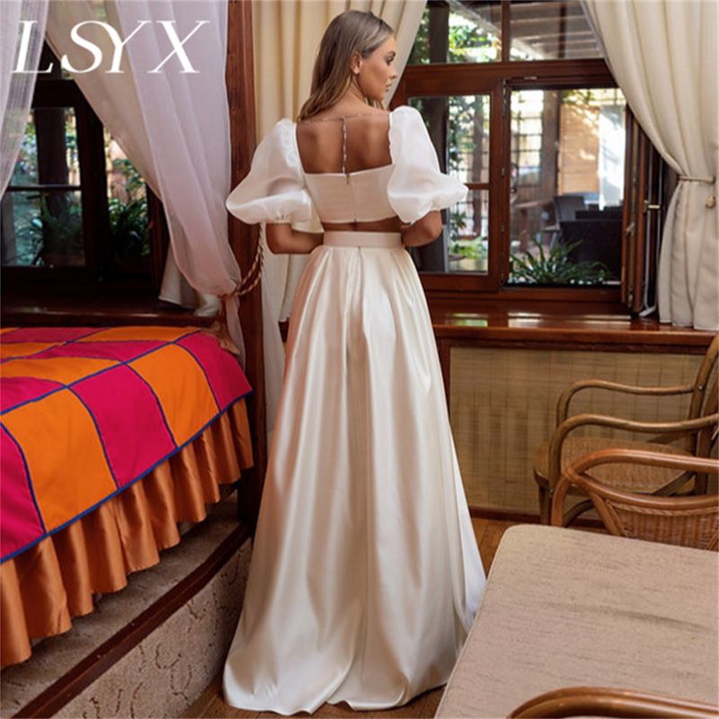 Женское атласное свадебное платье-трапеция LSYX, с пышными рукавами и рюшами, современное свадебное платье на молнии со шлейфом, индивидуальный пошив