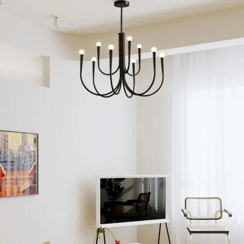 Living Room Candle Hanging Lamps for Ceiling French Style Black Pendant Light Luxury Led Chandelier Room Decor Lustre