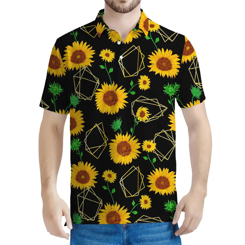 เสื้อโปโลวินเทจพิมพ์ลายดอกทานตะวันสำหรับผู้ชายเสื้อยืดติดกระดุมเสื้อแขนสั้นลายดอกไม้กราฟิก3D ฤดูร้อน