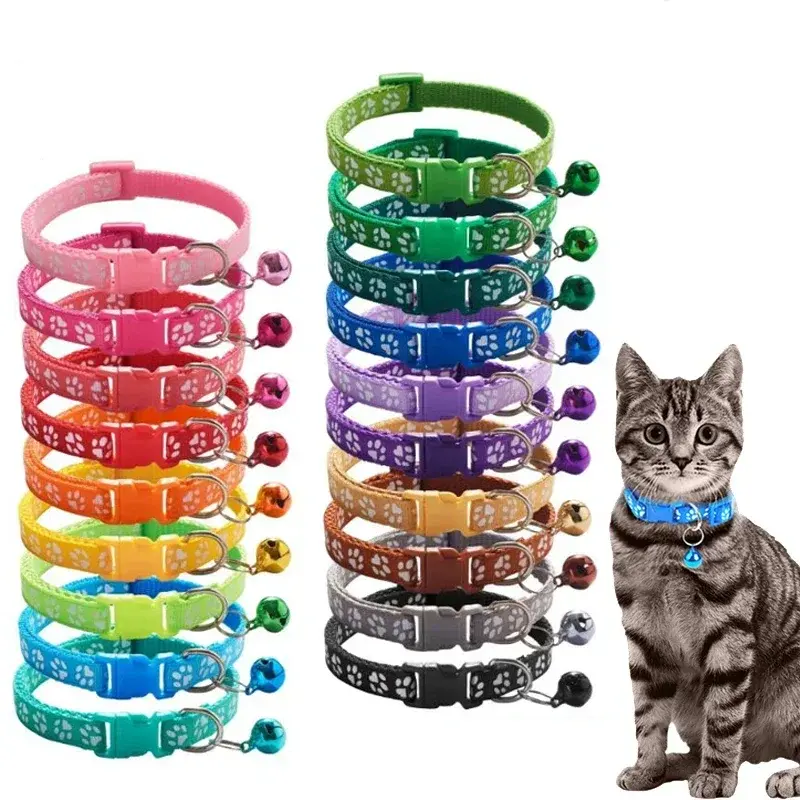 Collar con campana para mascotas, accesorio con huella de dibujos animados, colorido para perro, cachorro, gato, gatito, ajustable, anillo de seguridad para mascotas