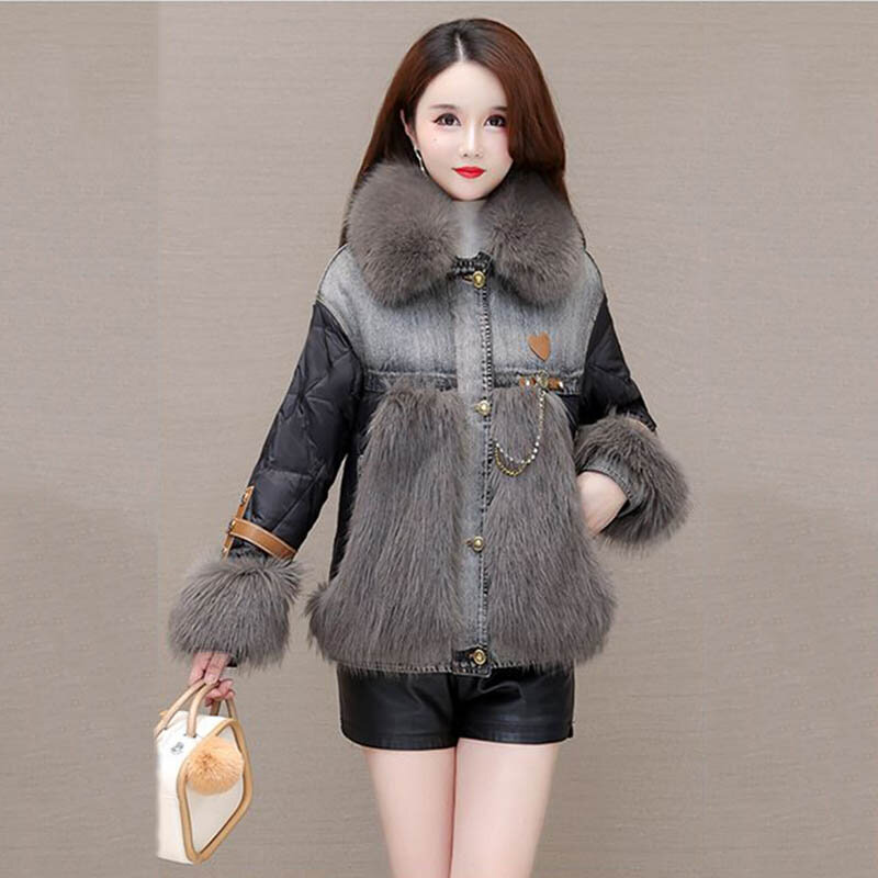 Furcollar Stitching Down  Winter New Korean Version Loose Slim Ladies Fashion Temperament White Duck Feather Down 