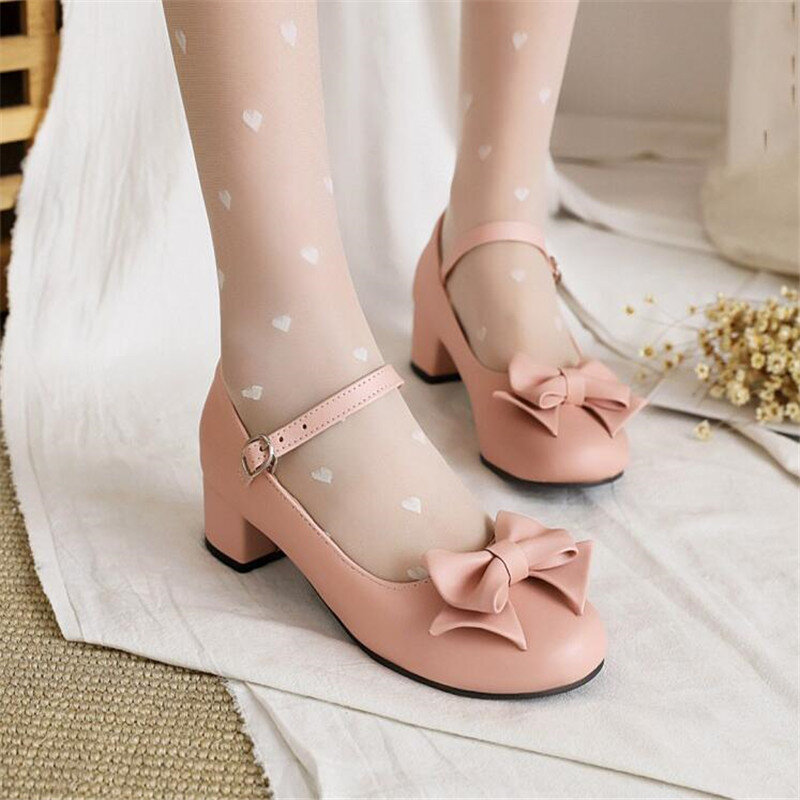 Girls Mary Jane Lolita Shoes Women Pumps Sweet Bow High Heels Princess Japanese Cosplay Wedding Party School Shoes 28-43