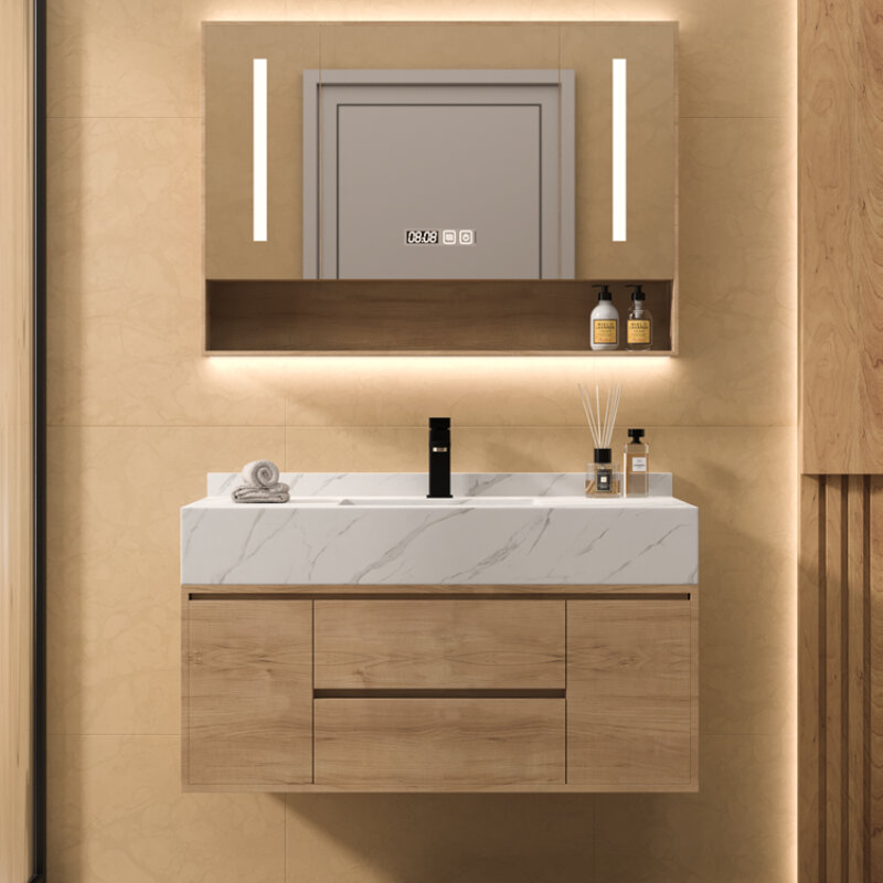 Simple rock plate bathroom cabinet combination log color bathroom wash basin wash basin bathroom cabinet wash table
