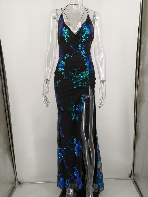 여성용 딥 브이넥 스팽글 파티 드레스, 하이 스플릿 스파게티 스트랩, 긴 가운, 이브닝 드레스