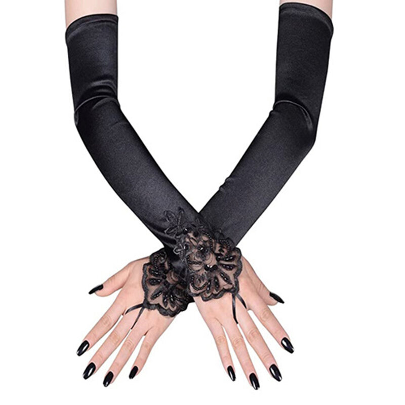 Vintage sem dedos rendas lantejoulas cetim luvas de festa acessórios do traje estiramento opera preto feminino luvas longas luvas de noiva t116