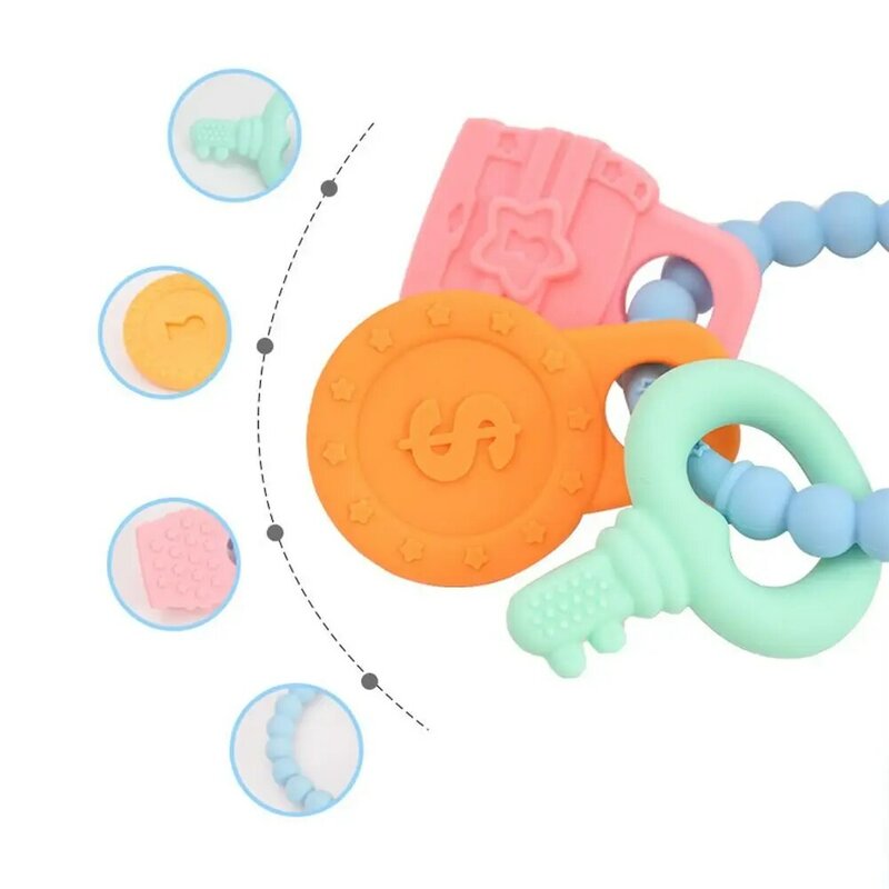 Cincin mainan tumbuh gigi bayi, gantungan kunci mainan portabel Multi warna, silikon Grade makanan, mainan Teether kesehatan bayi