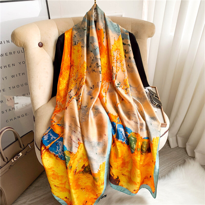 Foulard en Satin de soie à rayures imprimé, grand châle 180x90cm, Pashmina chaud, enveloppe Hijab, collection printemps-hiver 2021