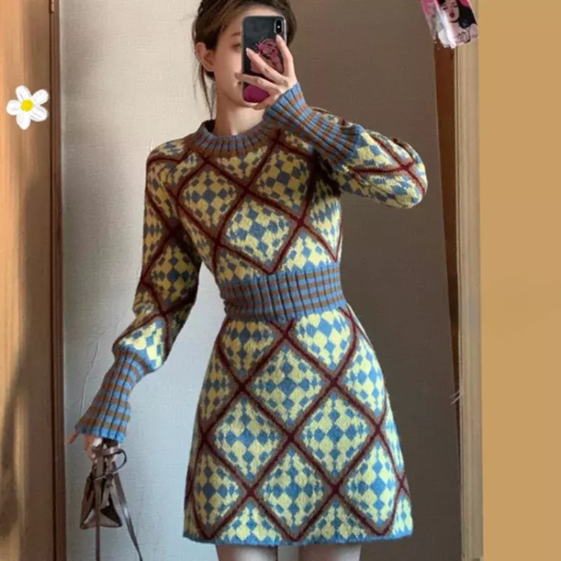 2022 New Women's Waist and Thin Temperament Bottoming with New Year's Thick Sweater Skirt Knitted Dress Autumn and Winter O-Neck
