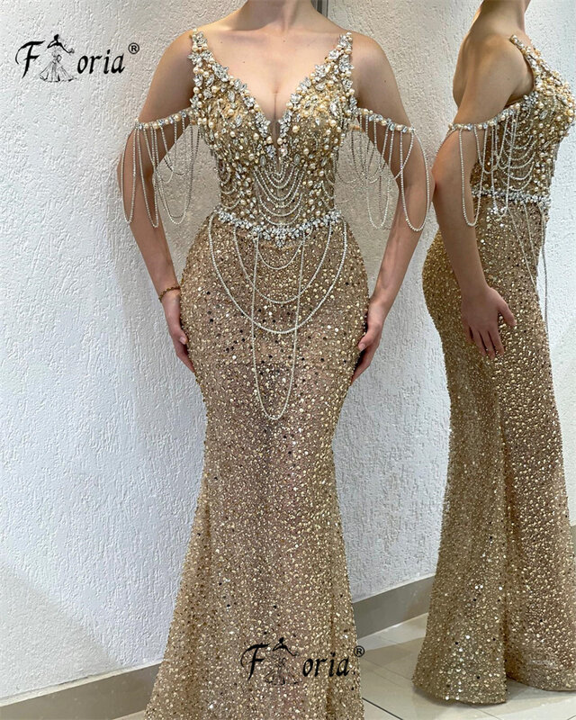 Luxury Beading Tassel Prom Dresses For Women 2023 Gold Rhinestone Crystal Evening Party Dress Celebrity Ceremony Pearls Vestidos