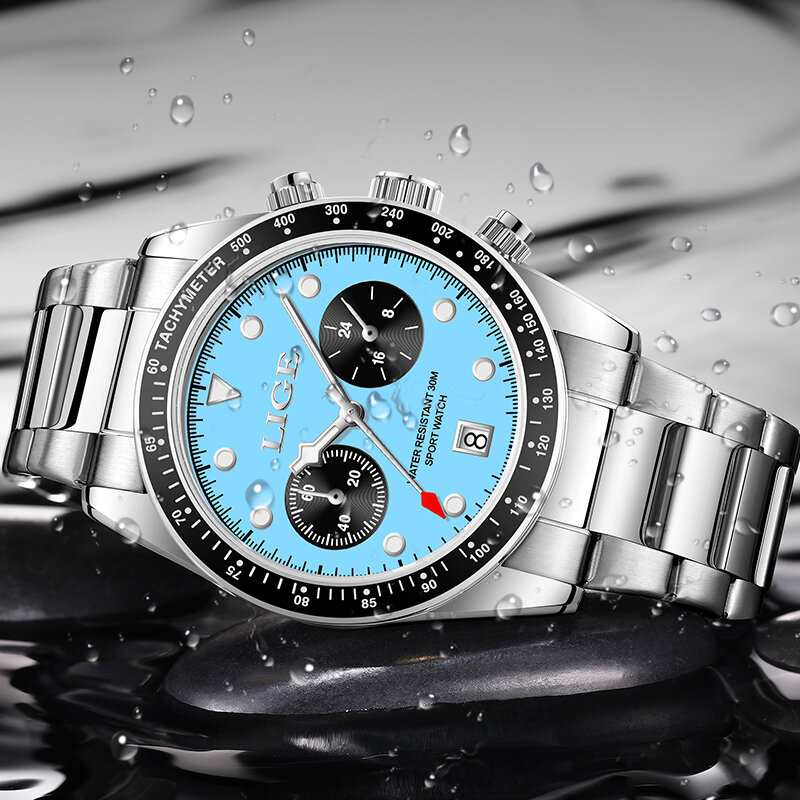 นาฬิกาผู้ชาย Lige แบรนด์แฟชั่นธุรกิจหรูหราสบายๆกีฬาส่องสว่างควอตซ์กันน้ำนาฬิกาข้อมือผู้ชายปฏิทิน reloj hombre