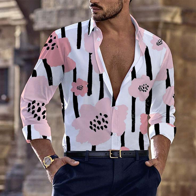 Top Shirt Polyester Printed Regular Button Casual Daily Dress Up Fitness Holiday Lapel Long Sleeve Party Comfy
