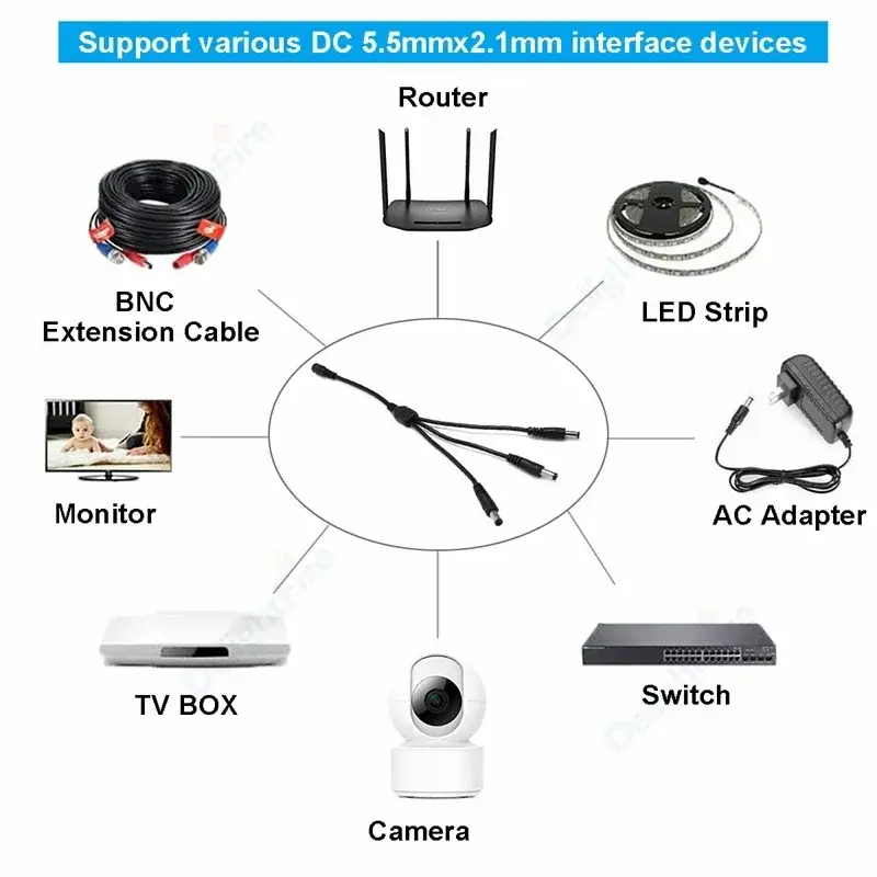 DC Power Splitter Cable, Adaptador de Energia, Cabo de Conector, LED Strip Lights, Câmera CCTV, 5.5mm, 2.1mm, 1-2, 3, 4, 5, 6, 8 Way, 5V, 12V
