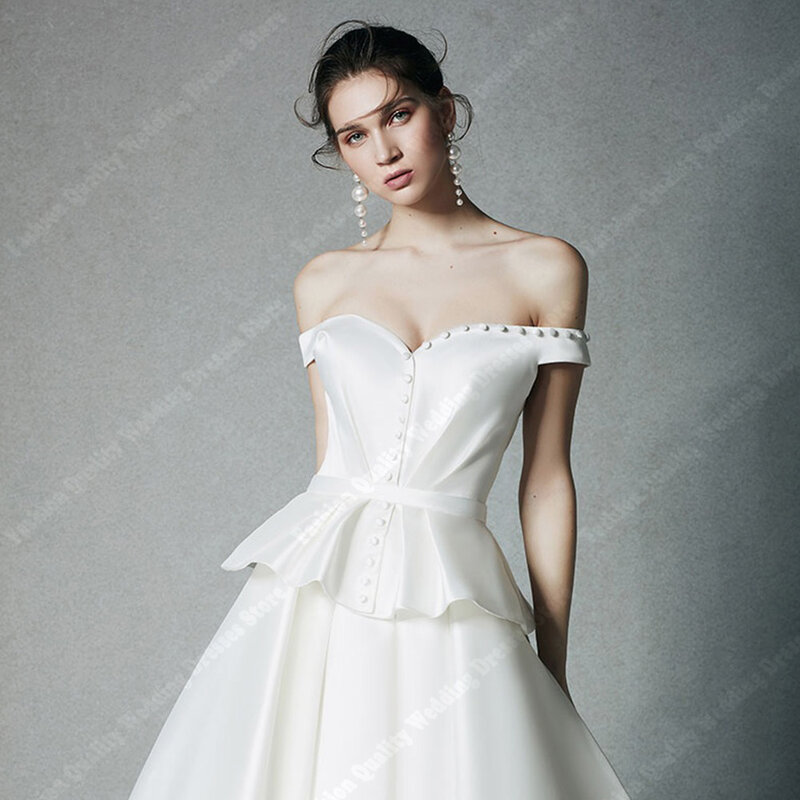 Elegante glänzende Satin Brautkleider neue flauschige A-Linie großen Rock Saum von der Schulter Roben Party Frauen Vestidos de Novia