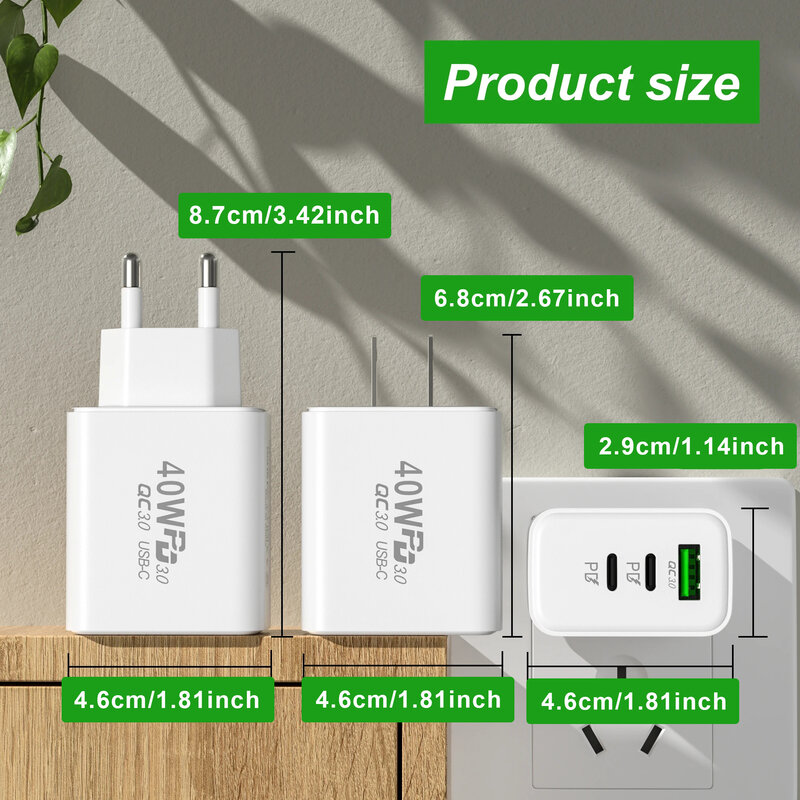 PD 60W Fast USB Charge Charger 3Ports EU/US Plug Wall Charger Adapter For iPhone 14 13 Xiaomi Huawei Samsung USB C Phone Charger