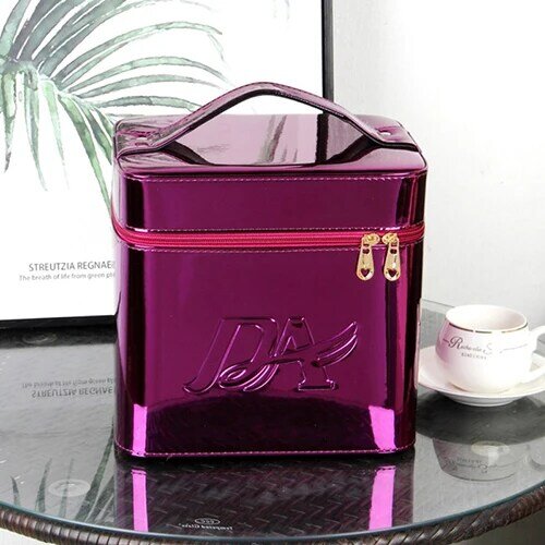 StorageBox Pu SolidColor Women's Portable Cosmetic Bag New Large Capacity Portable High-Grade Glossy Double-Layer Fashion Simple
